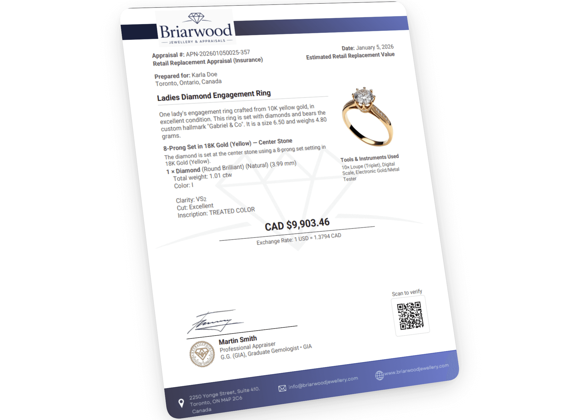 Professional appraisal certificate with digital signature and QR verification