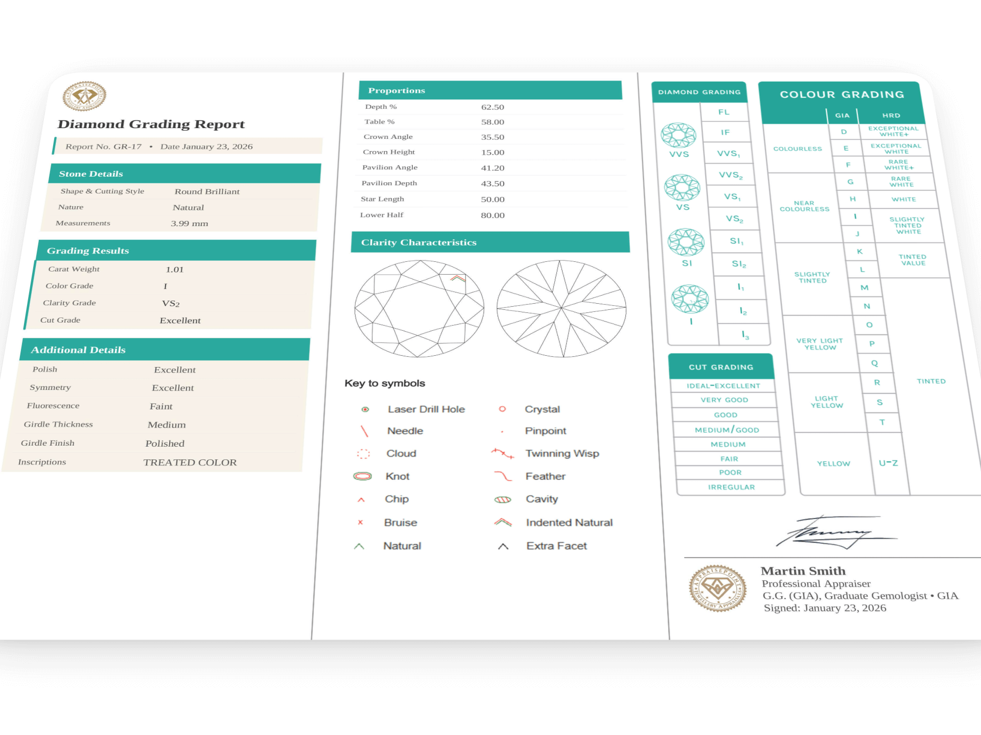Diamond Grading Report — proportions, clarity plot, colour grading scale
