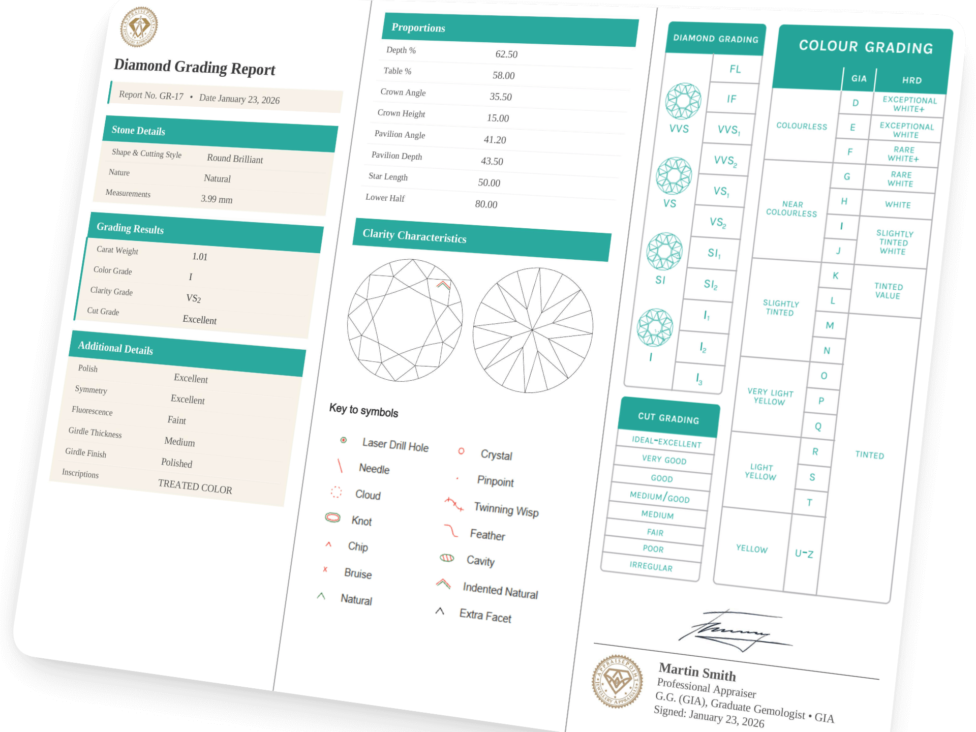 Diamond grading report with clarity plot and colour grading scale